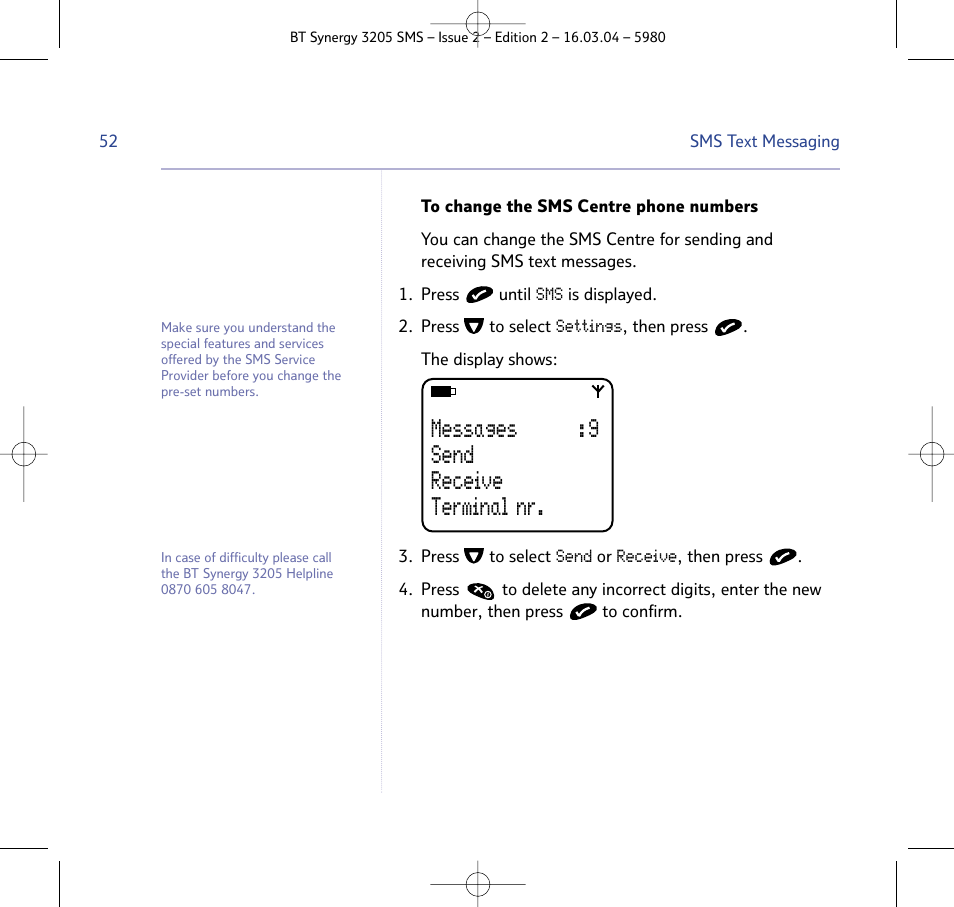 Messages : 9 send receive terminal nr | BT 3205 User Manual | Page 52 / 68