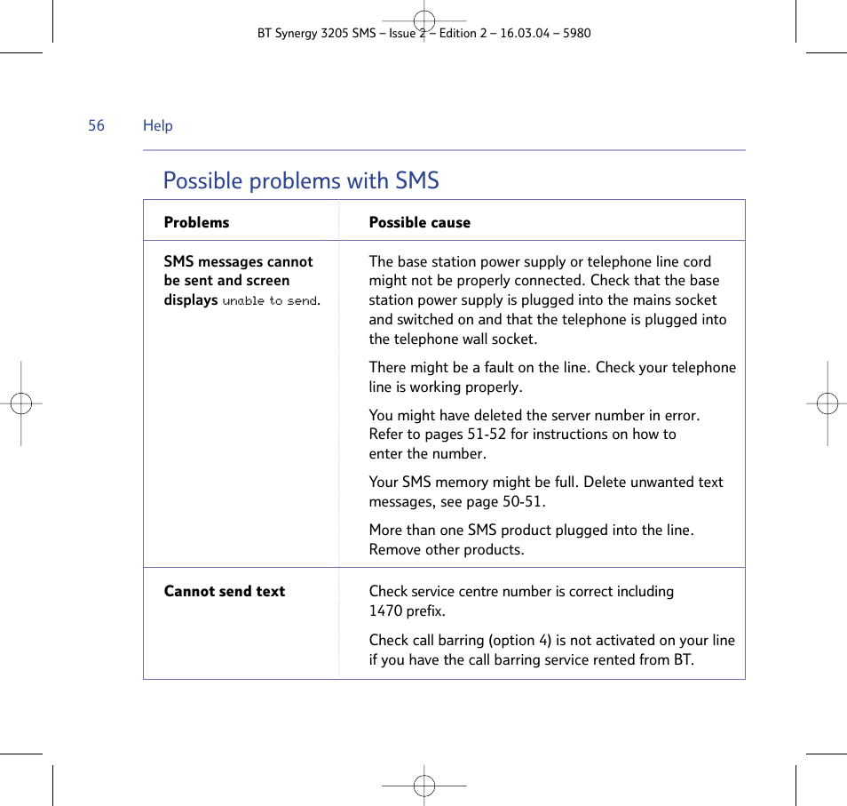 Possible problems with sms | BT 3205 User Manual | Page 56 / 68