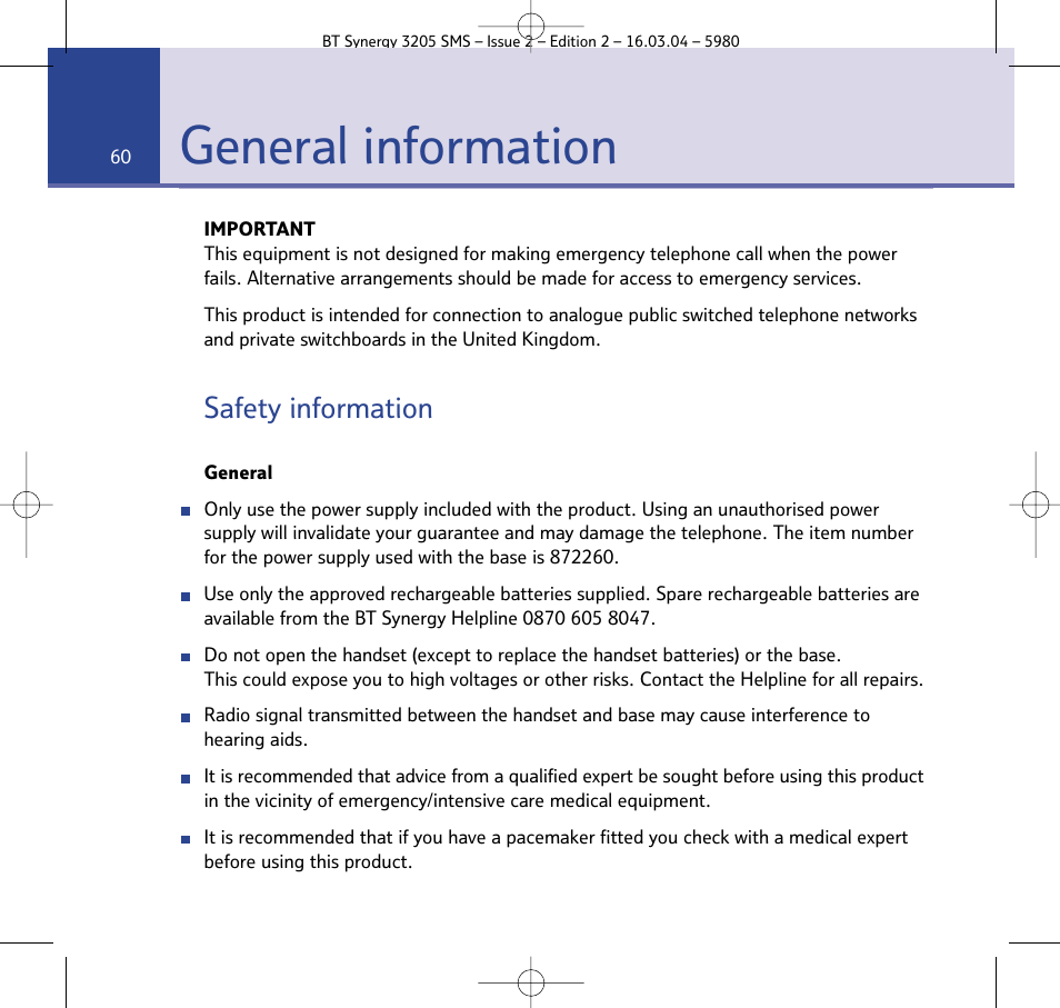 General information, Safety information | BT 3205 User Manual | Page 60 / 68