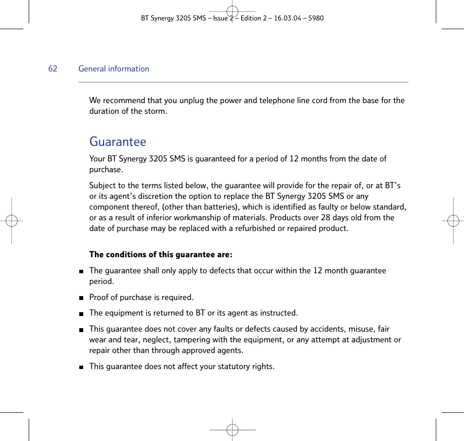 Guarantee | BT 3205 User Manual | Page 62 / 68