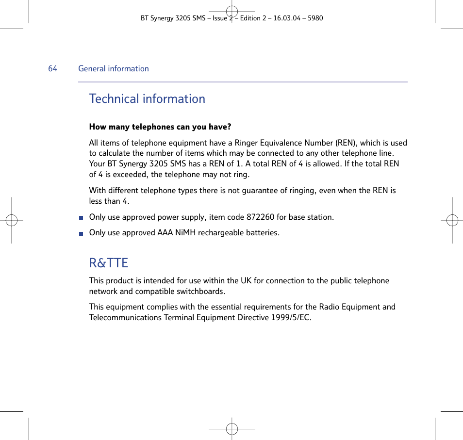 Technical information, R&tte | BT 3205 User Manual | Page 64 / 68