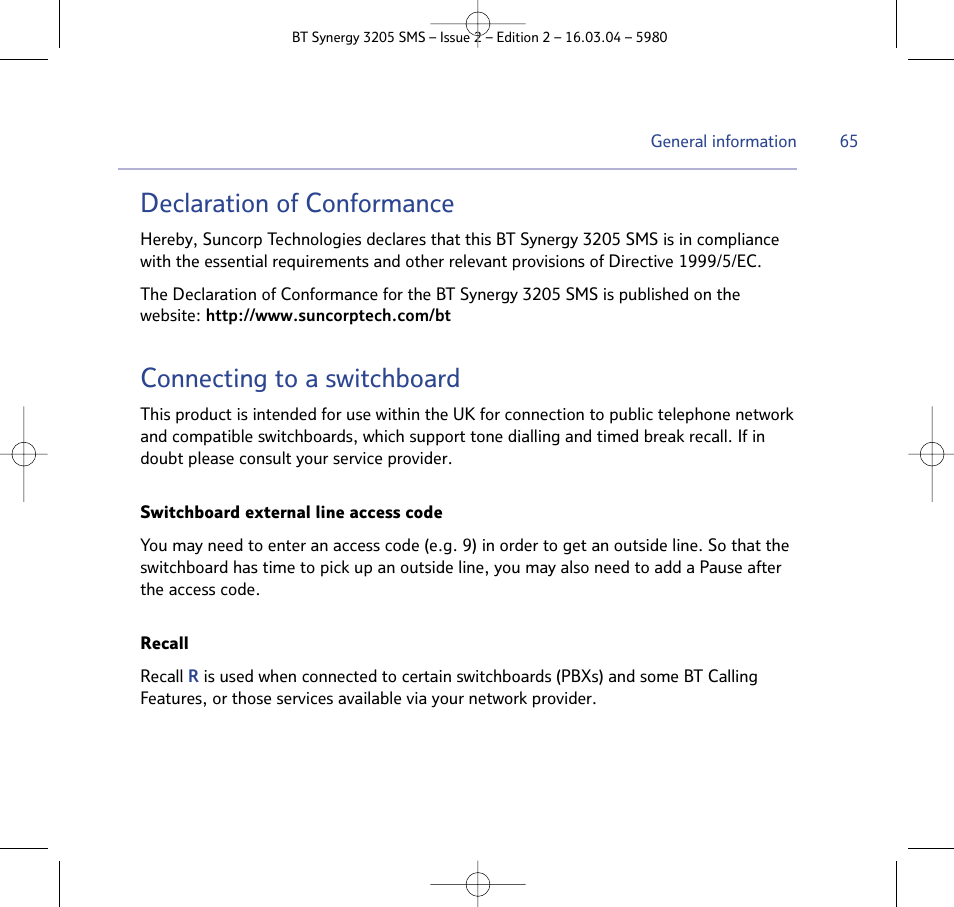Declaration of conformance, Connecting to a switchboard | BT 3205 User Manual | Page 65 / 68
