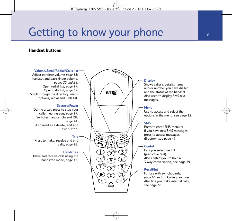 Getting to know your phone, Handset buttons | BT 3205 User Manual | Page 9 / 68