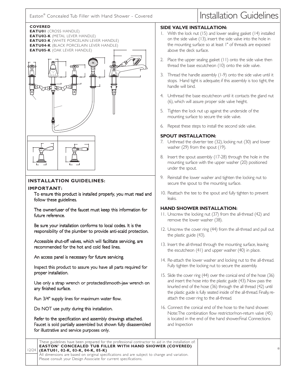 Waterworks Easton Classic Low Profile Concealed Tub Filler With Handshower and White Porcelain Lever Handles User Manual | 3 pages