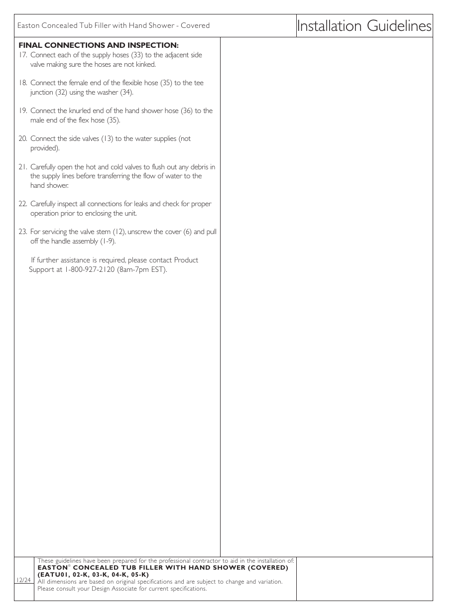 Installation guidelines | Waterworks Easton Classic Low Profile Concealed Tub Filler With Handshower and White Porcelain Lever Handles User Manual | Page 2 / 3