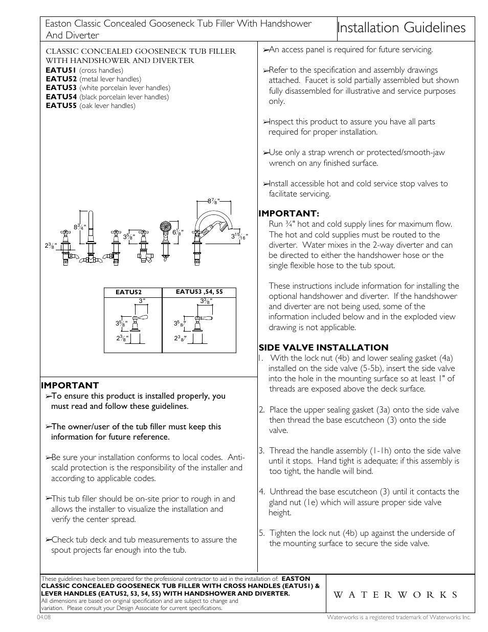 Waterworks Easton Classic Gooseneck Concealed Tub Filler With Handshower and White Porcelain Lever Handles User Manual | 4 pages