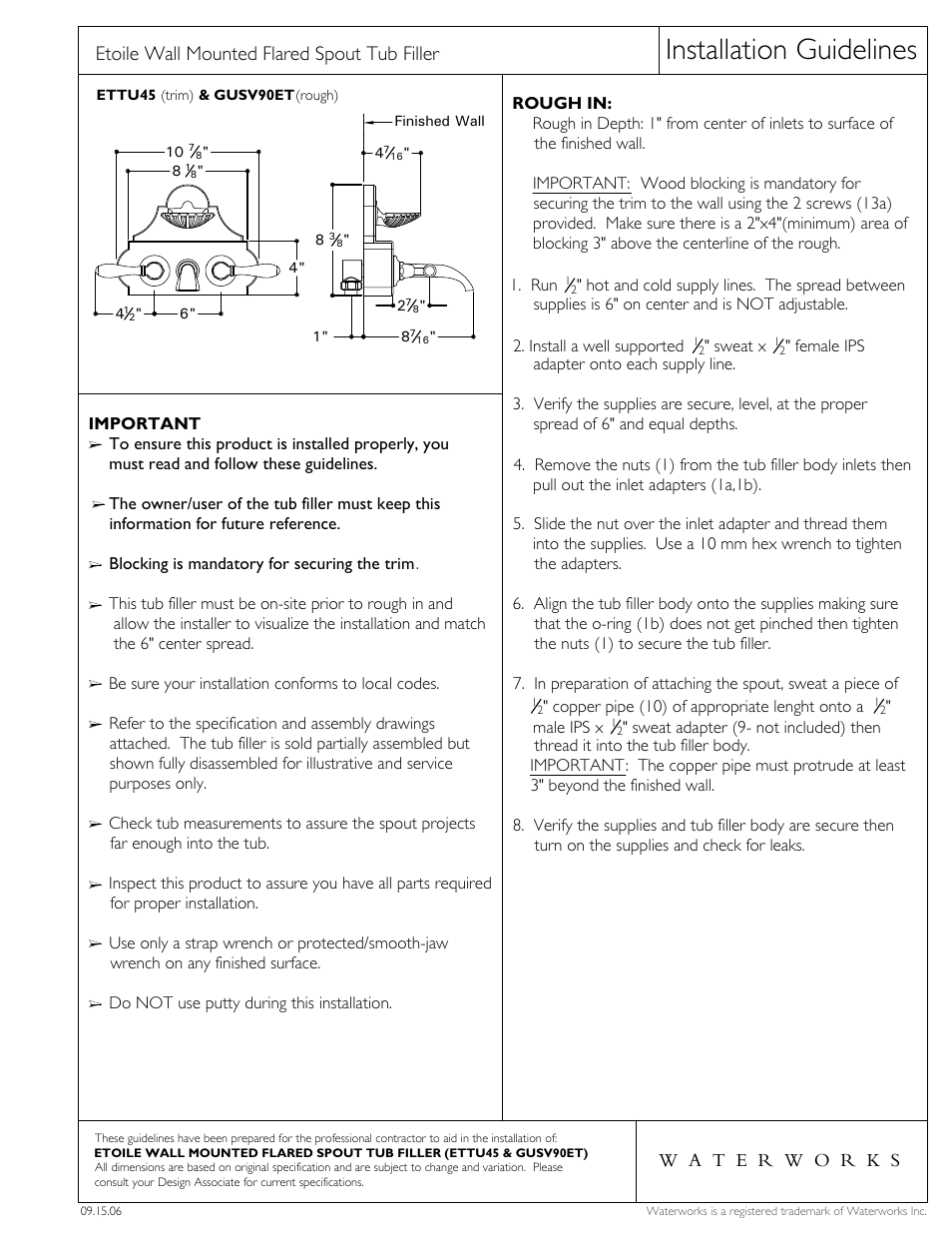 Waterworks Etoile Flare Concealed Tub Filler Without Handshower and Ebony Lever Handles User Manual | 3 pages