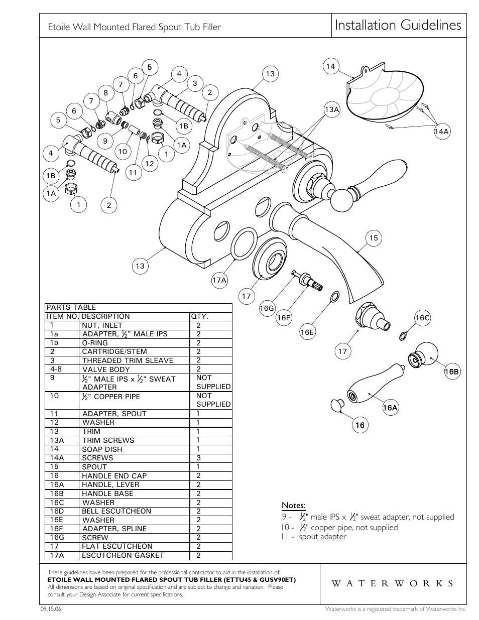 Installation guidelines, Etoile wall mounted flared spout tub filler | Waterworks Etoile Flare Concealed Tub Filler Without Handshower and Ebony Lever Handles User Manual | Page 3 / 3