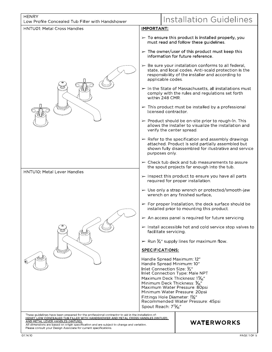 Waterworks Henry Low Profile Concealed Tub Filler With Handshower User Manual | 14 pages