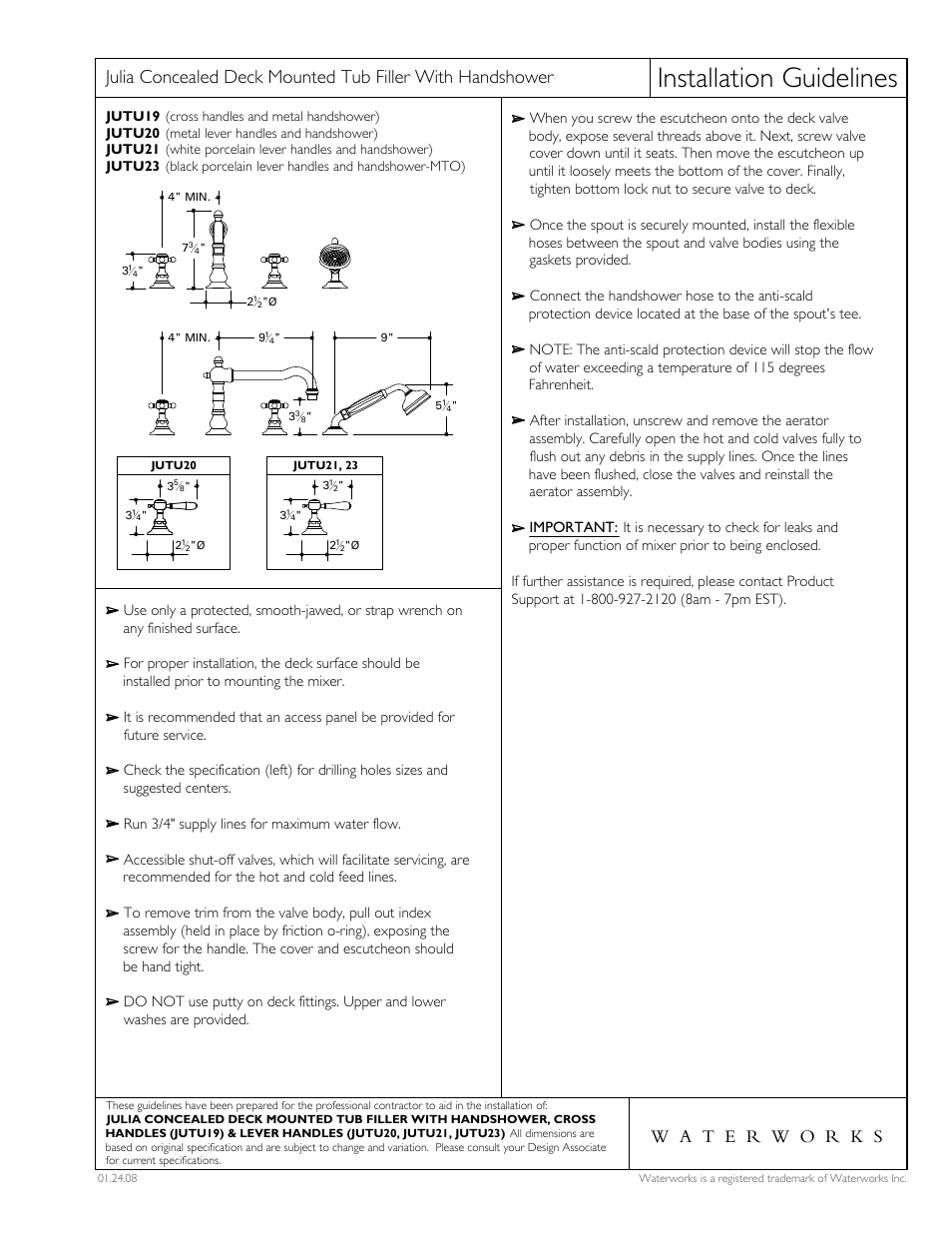 Waterworks Julia High Profile Concealed Tub Filler with Metal Handshower and White Porcelain Lever Handles User Manual | 1 page