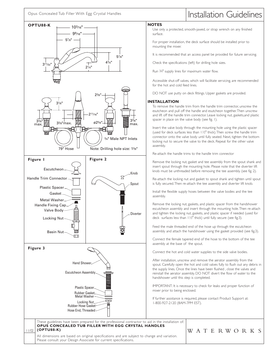 Waterworks Opus Low Profile Concealed Tub Filler With Handshower and Crystal Egg Handles User Manual | 1 page