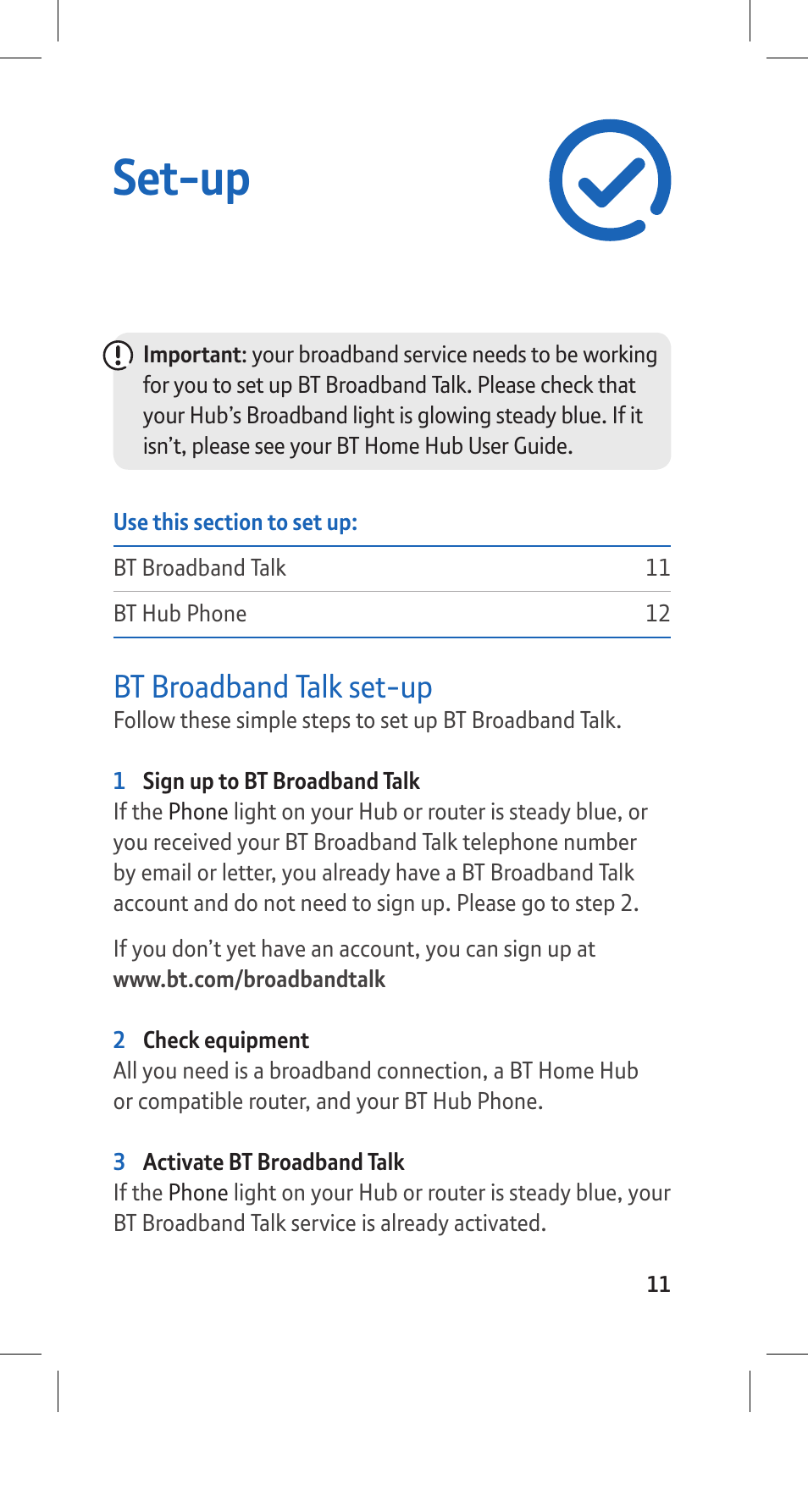 Set-up, Bt broadband talk set-up | BT Hub Phone 2.1 User Manual | Page 15 / 80