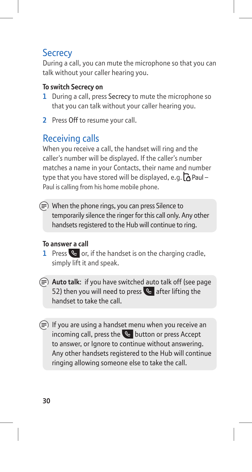 Secrecy, Receiving calls | BT Hub Phone 2.1 User Manual | Page 34 / 80