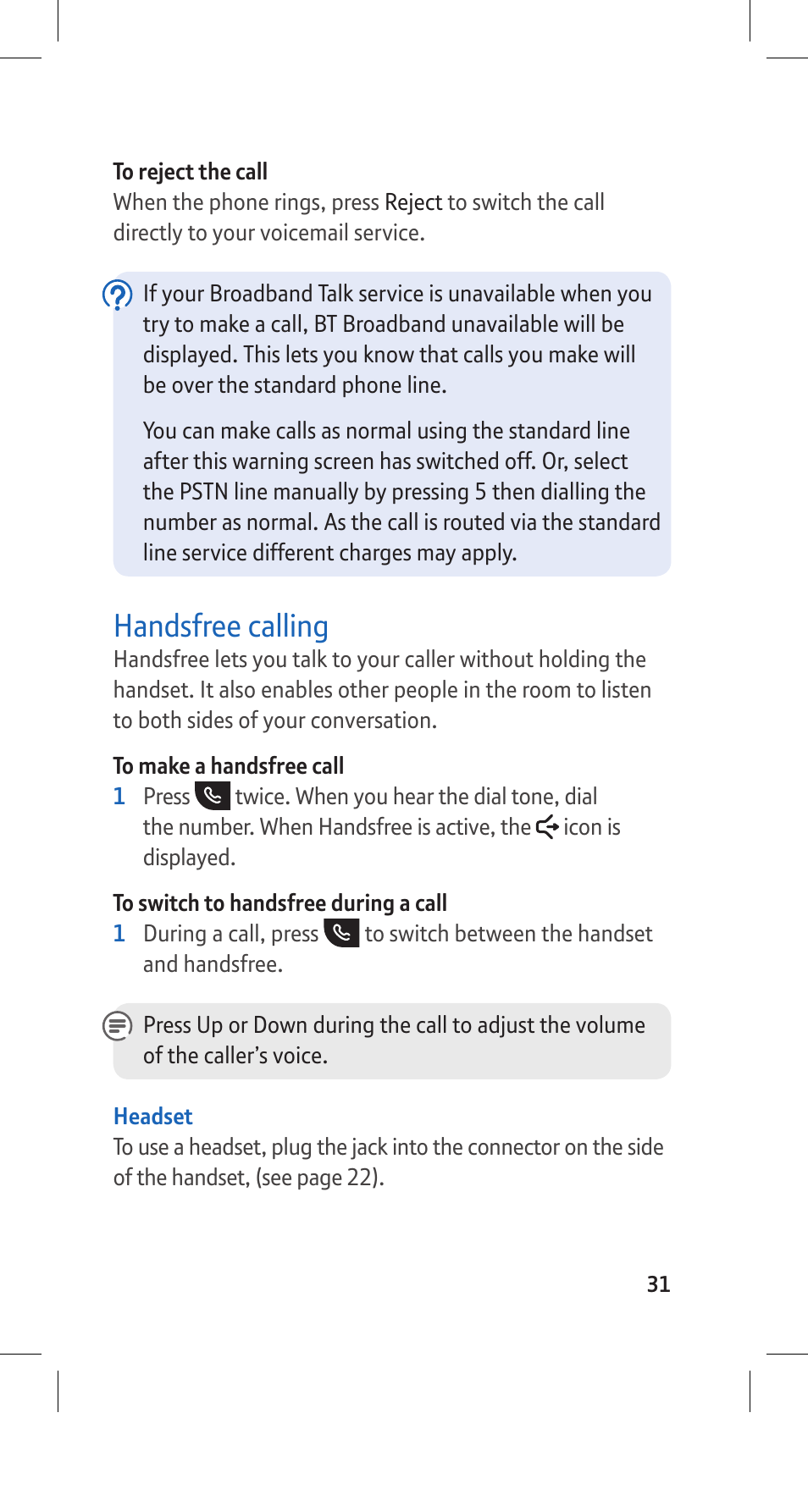 Handsfree calling | BT Hub Phone 2.1 User Manual | Page 35 / 80