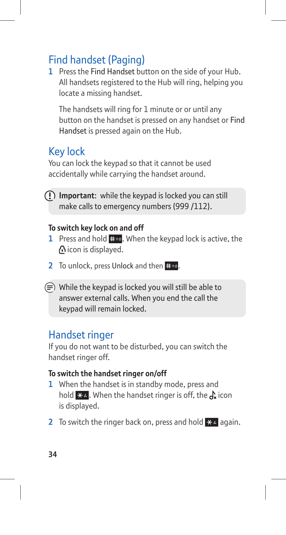 Find handset (paging), Key lock, Handset ringer | BT Hub Phone 2.1 User Manual | Page 38 / 80