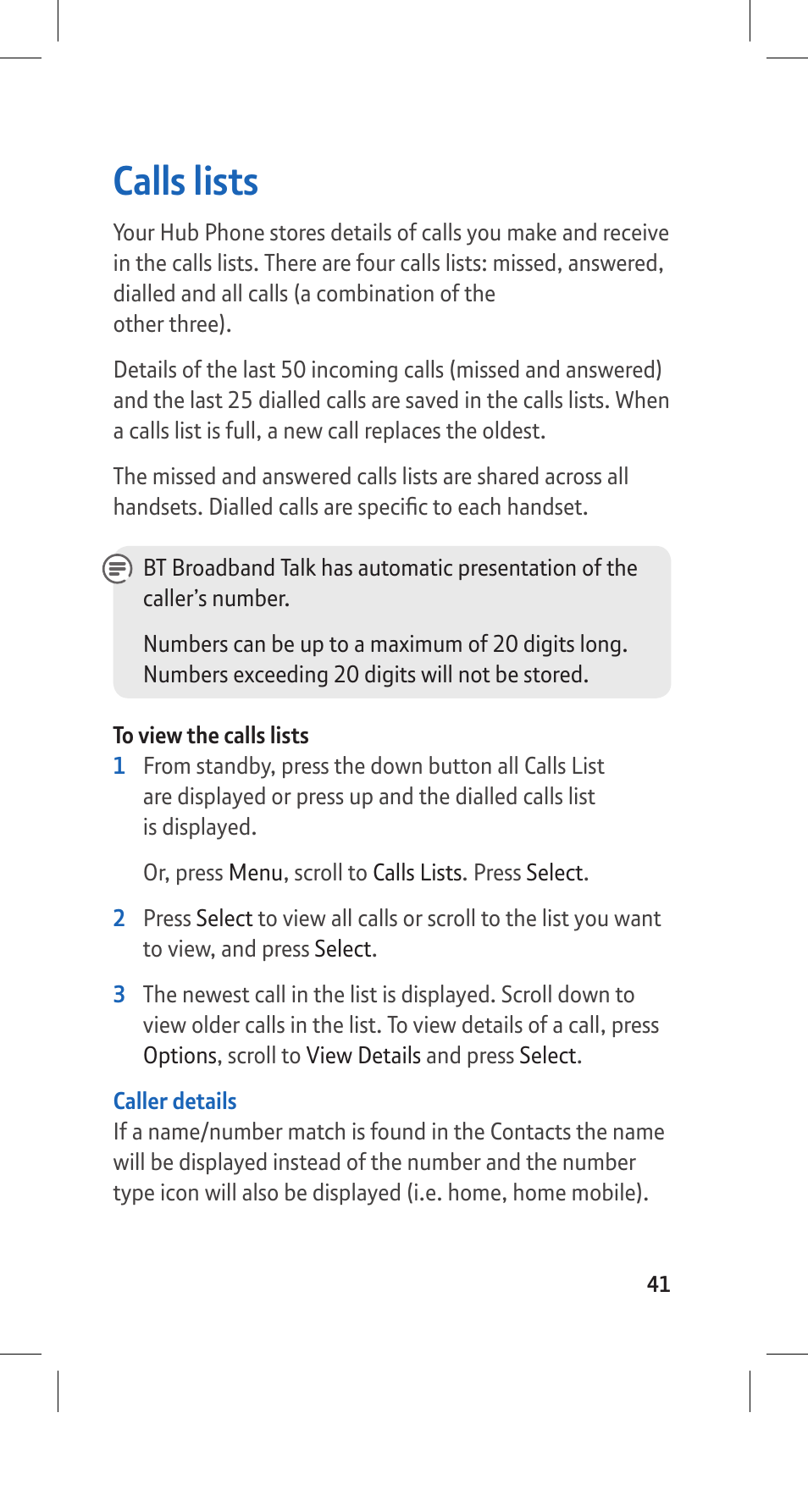 Calls lists | BT Hub Phone 2.1 User Manual | Page 45 / 80