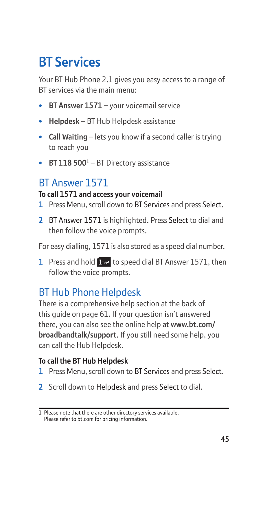 Bt services, Bt answer 1571, Bt hub phone helpdesk | BT Hub Phone 2.1 User Manual | Page 49 / 80