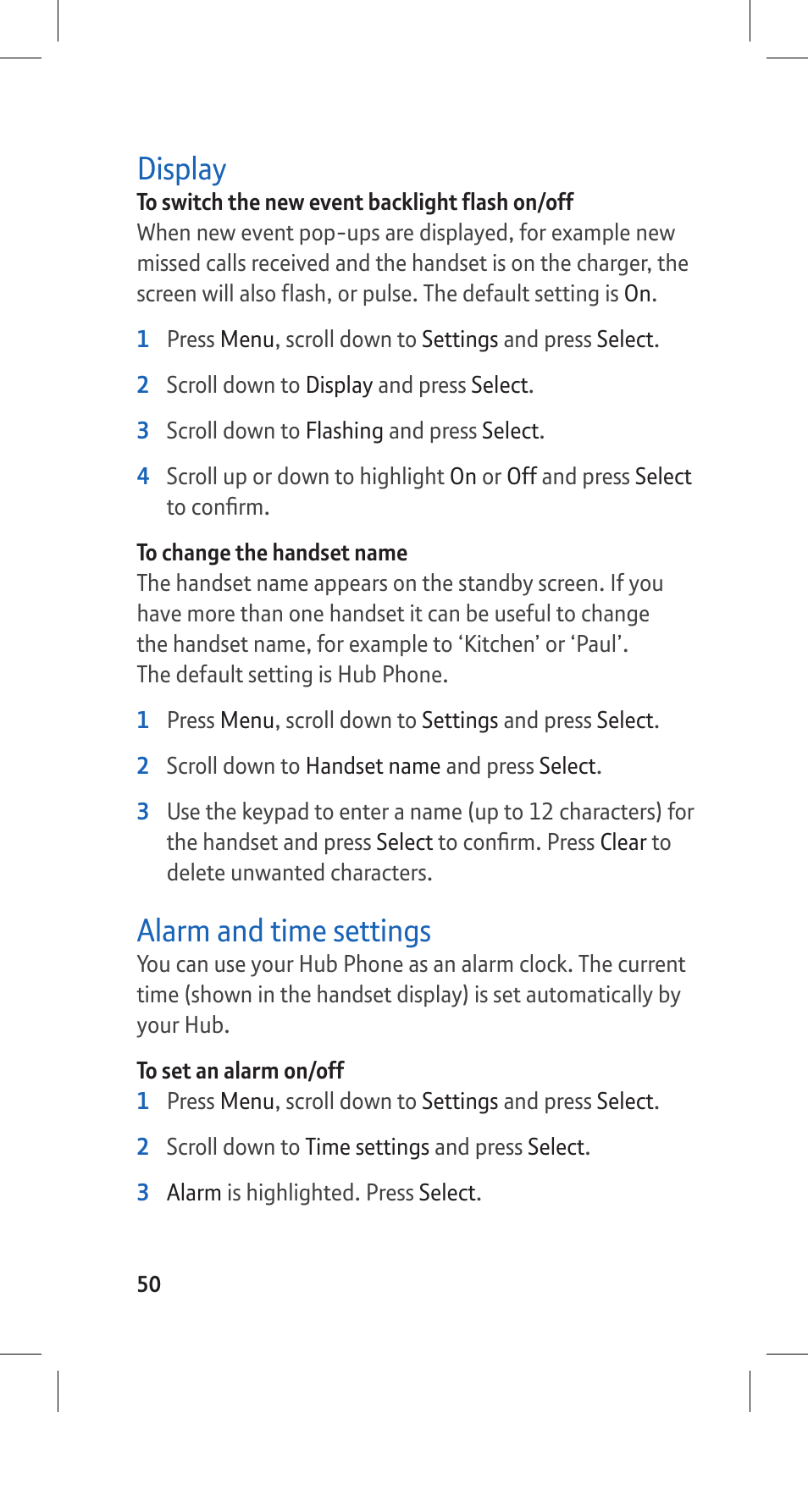 Display, Alarm and time settings | BT Hub Phone 2.1 User Manual | Page 54 / 80