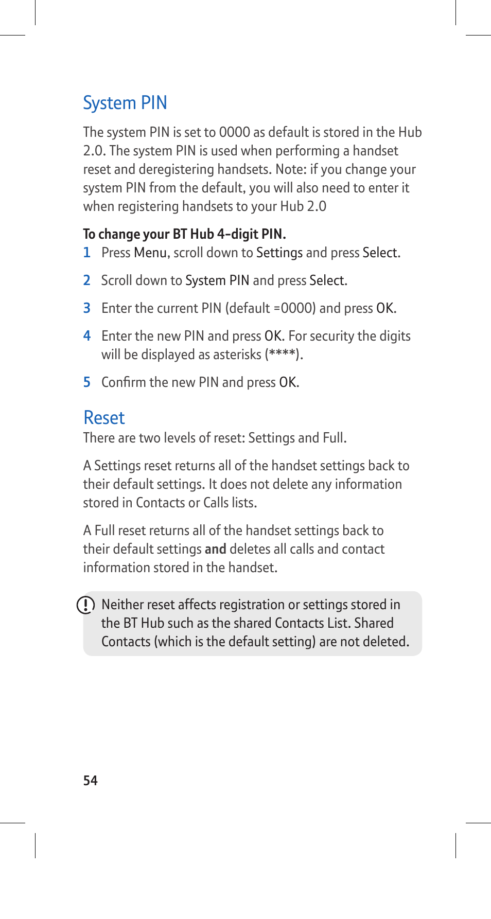 System pin, Reset | BT Hub Phone 2.1 User Manual | Page 58 / 80