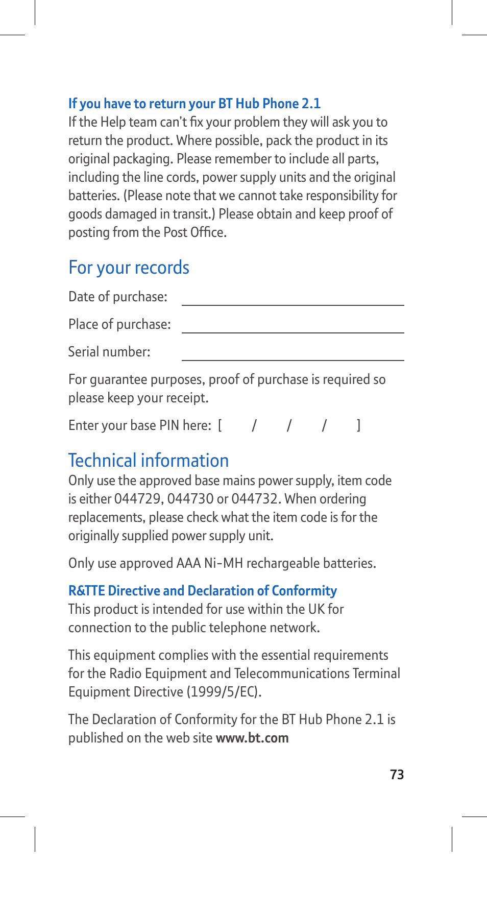 For your records, Technical information | BT Hub Phone 2.1 User Manual | Page 77 / 80