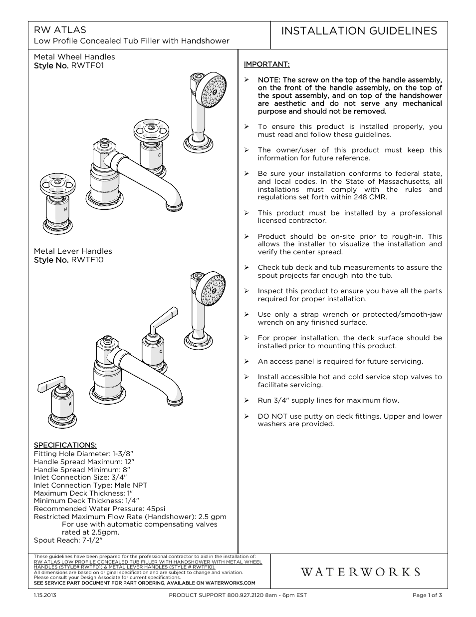 Waterworks R.W. Atlas Low Profile Concealed Tub Filler With Handshower and Metal Lever Handles User Manual | 12 pages