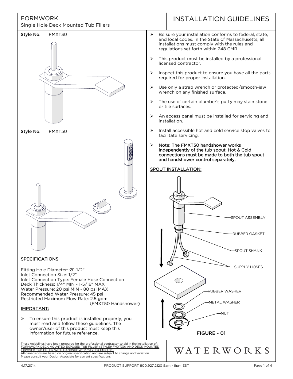 Waterworks Formwork Deck Mounted Exposed Tub Filler with Handshower and Metal Joystick Handle User Manual | 4 pages