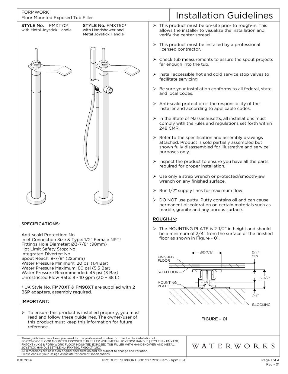 Waterworks Formwork Floor Mounted Exposed Tub Filler with Handshower and Metal Jostick Handle User Manual | 4 pages