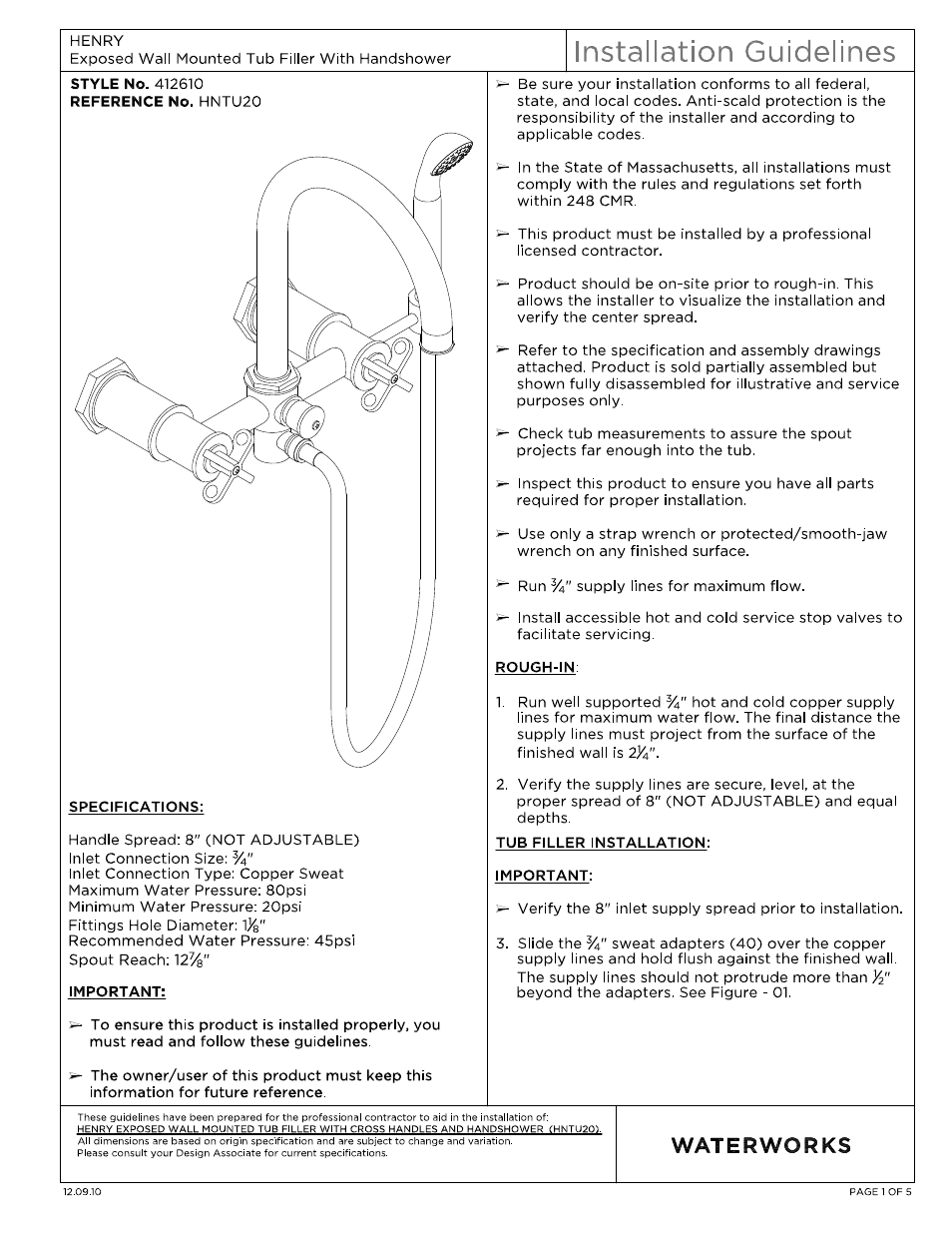 Waterworks Henry Exposed Wall Mounted Tub Filler With Handshower User Manual | 12 pages