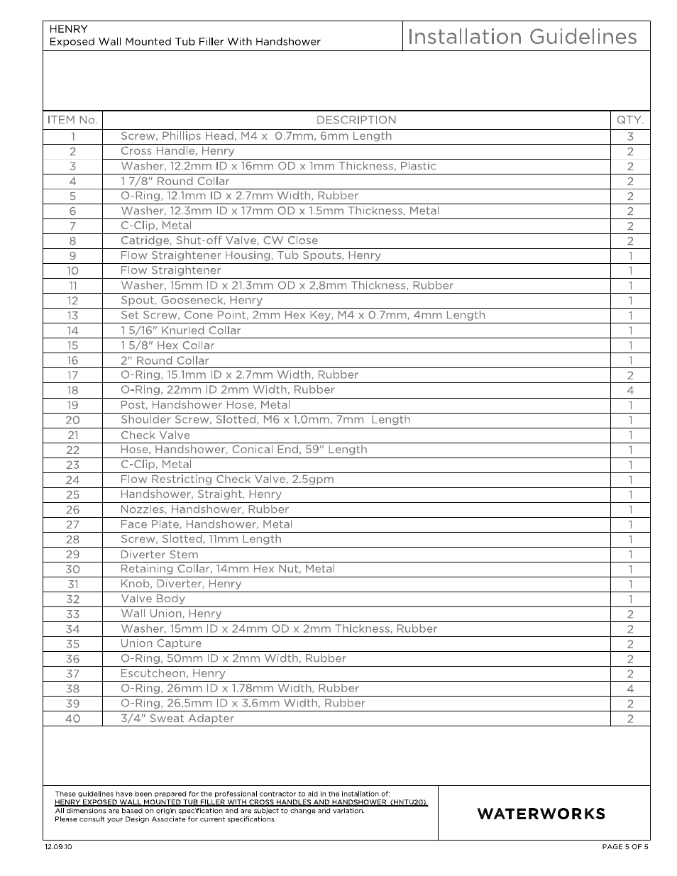 Waterworks Henry Exposed Wall Mounted Tub Filler With Handshower User Manual | Page 5 / 12