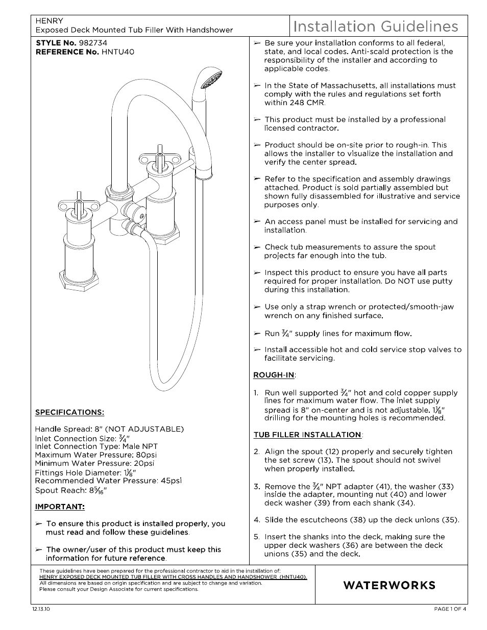 Waterworks Henry Exposed Deck Mounted Tub Filler With Handshower User Manual | 11 pages