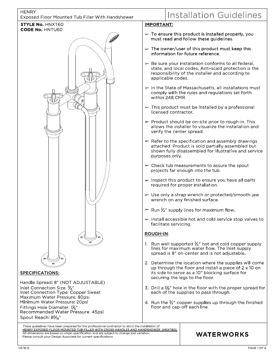 Waterworks Henry Exposed Floor Mounted Tub Filler With Handshower User Manual | 15 pages