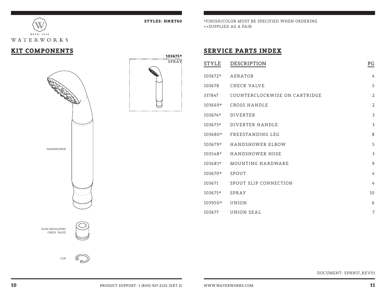 Kit components service parts index | Waterworks Henry Exposed Floor Mounted Tub Filler With Handshower User Manual | Page 13 / 15