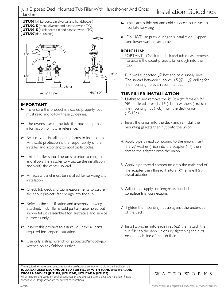 Waterworks Julia Exposed Tub Filler with Handshower and Metal Lever Diverter User Manual | 4 pages