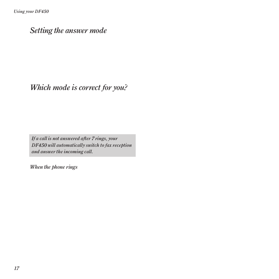 Setting the answer mode, Which mode is correct for you | BT DF450 User Manual | Page 20 / 56