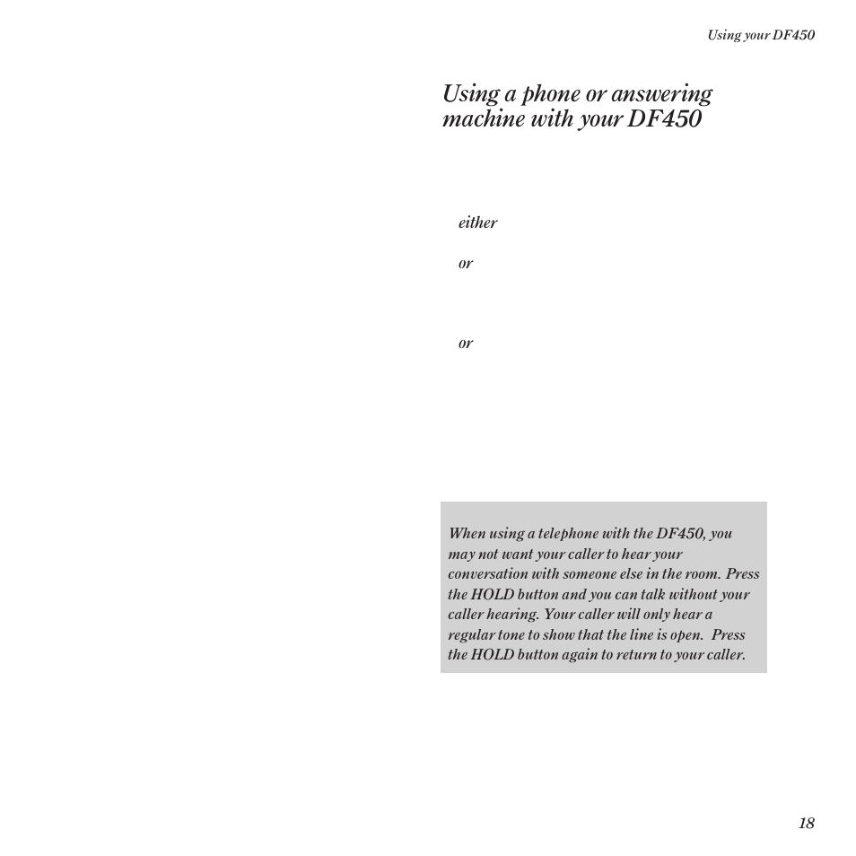 Using a phone or answering machine with your df450 | BT DF450 User Manual | Page 21 / 56