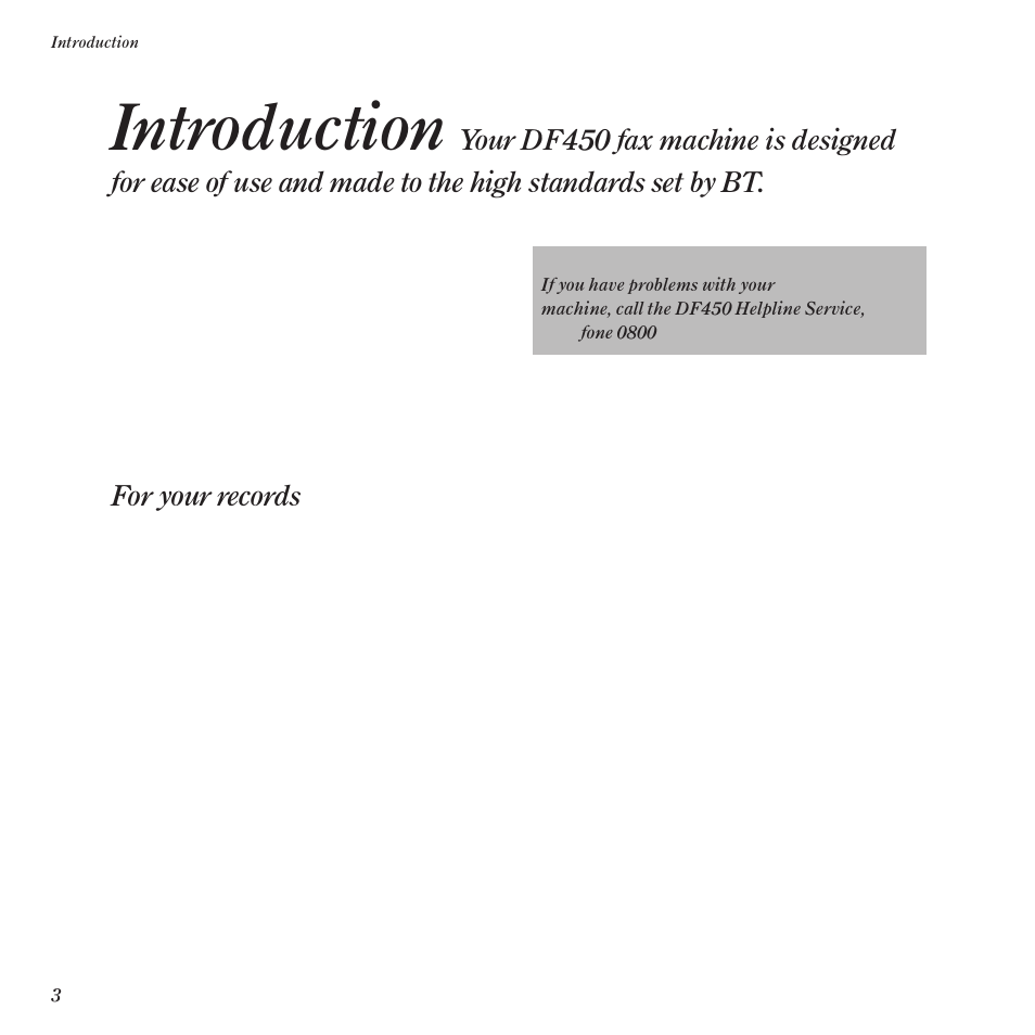 Introduction, For your records | BT DF450 User Manual | Page 6 / 56