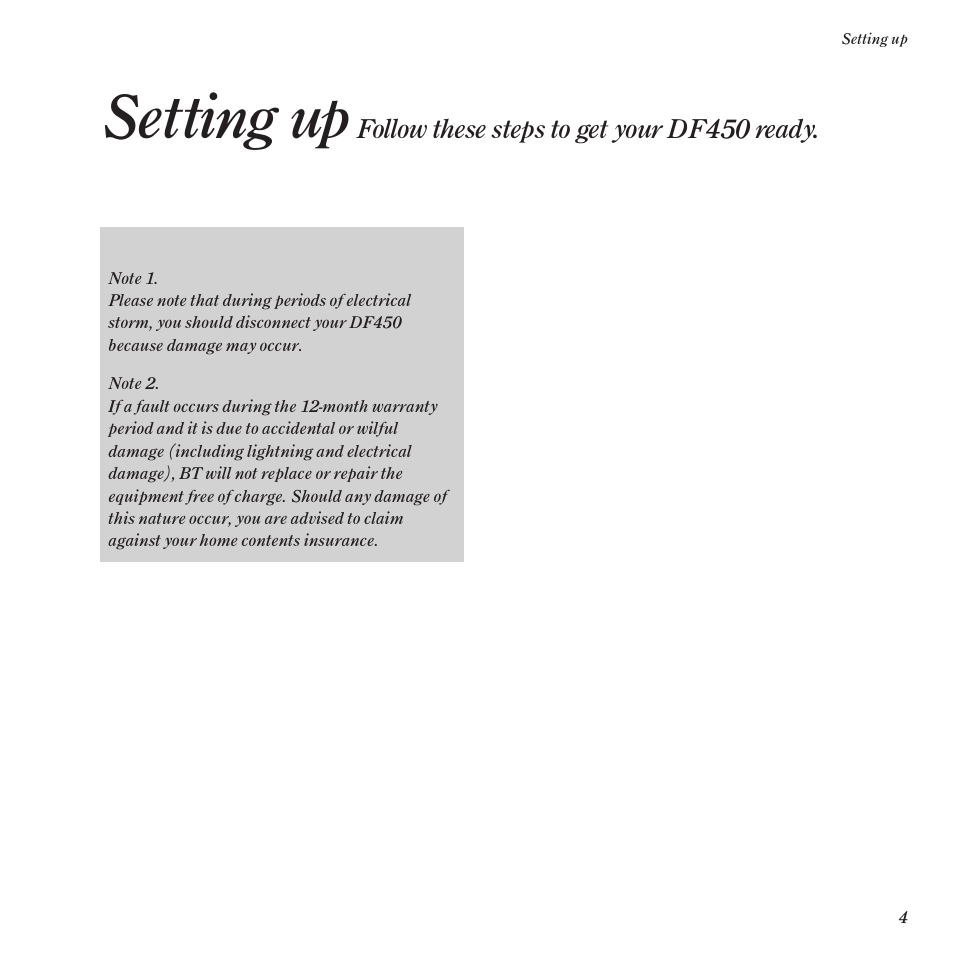 Setting up, Follow these steps to get your df450 ready | BT DF450 User Manual | Page 7 / 56