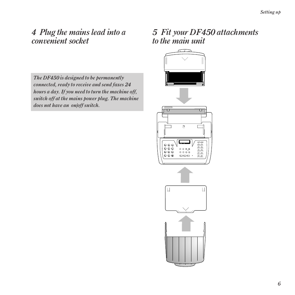 4 plug the mains lead into a convenient socket, 5 fit your df450 attachments to the main unit, Automatic rx | Add paper, Setting up, Std fine half tone, External hold a - a redial pause 2. tone | BT DF450 User Manual | Page 9 / 56