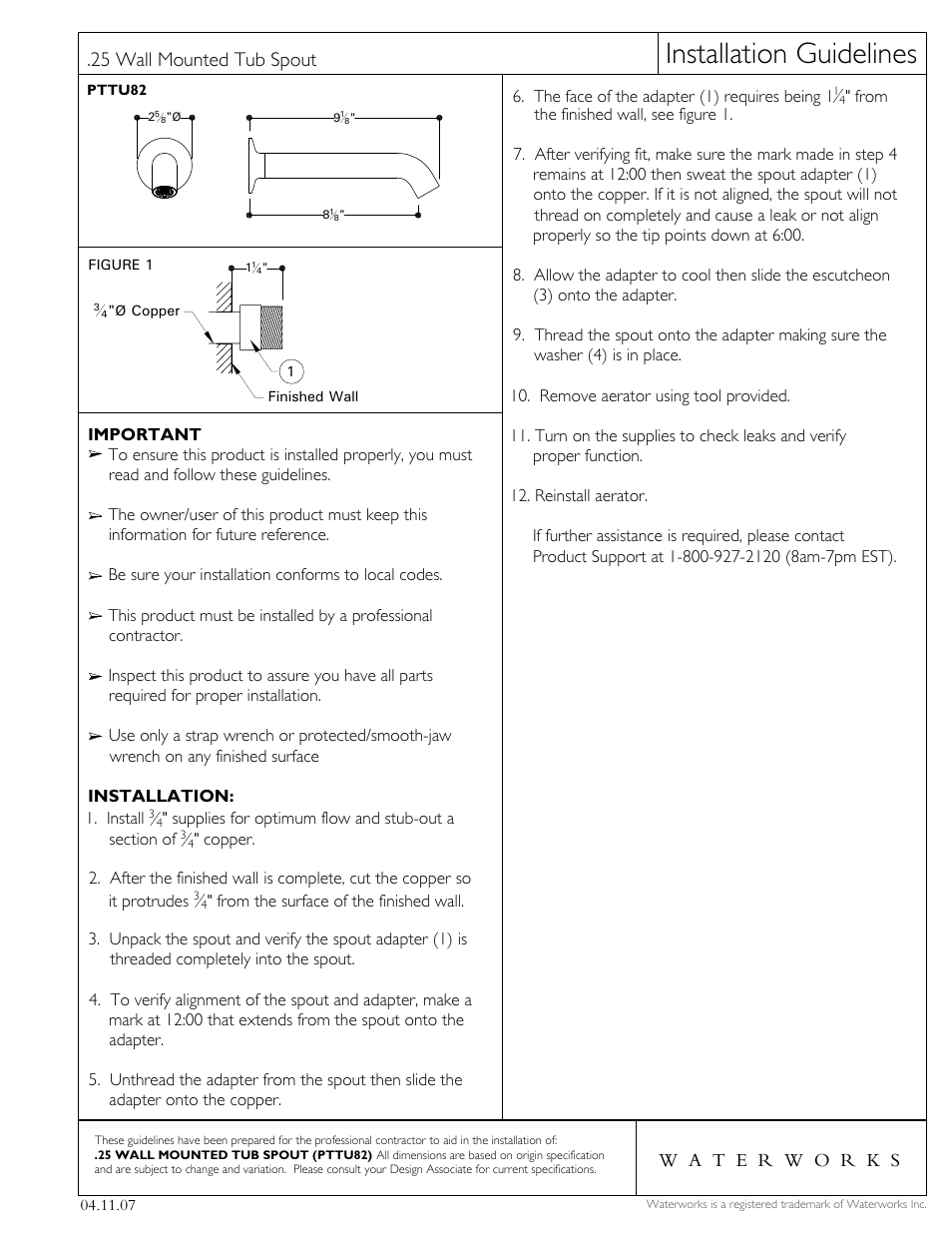 Waterworks .25 Wall Mounted Tub Spout User Manual | 2 pages