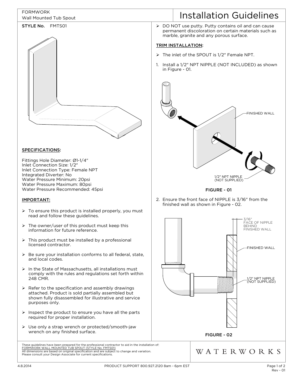 Waterworks Formwork Wall Mounted Tub Spout User Manual | 2 pages