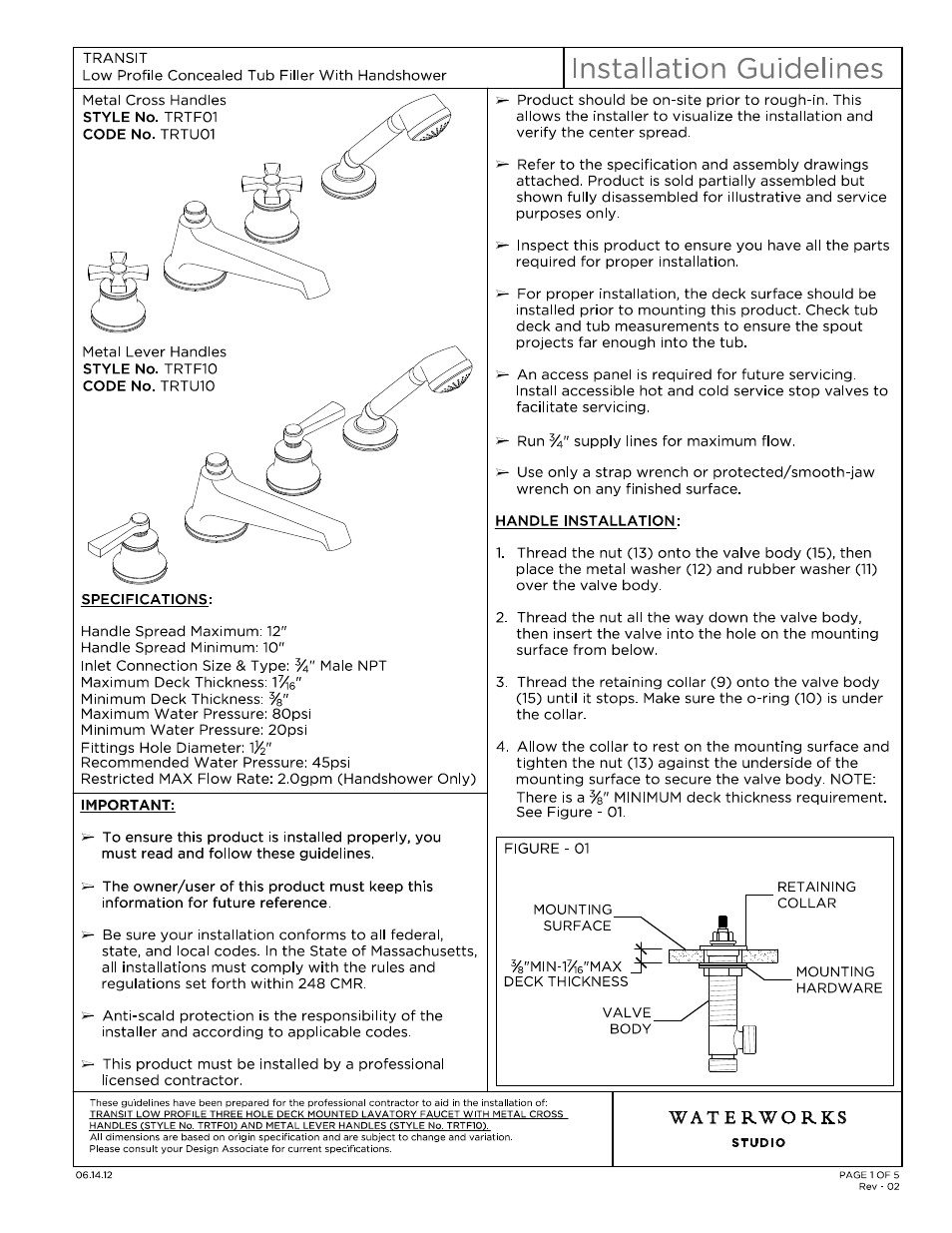 Waterworks Transit Deck Mounted Low Profile Concealed Tub Filler with Metal Handshower and Metal Lever Handles User Manual | 16 pages