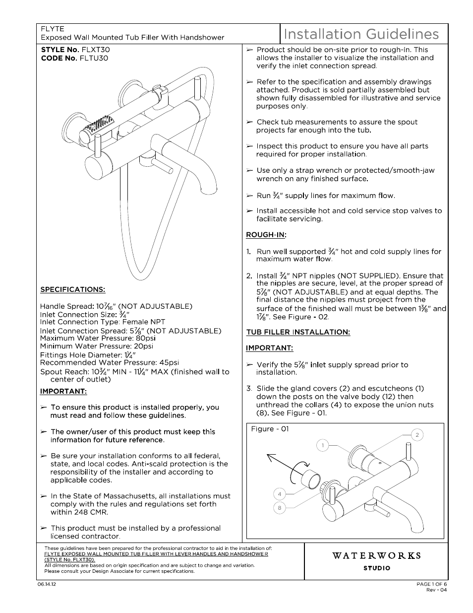 Waterworks Flyte Wall Mounted Exposed Tub Filler with Handshower and Metal Lever Handles User Manual | 15 pages