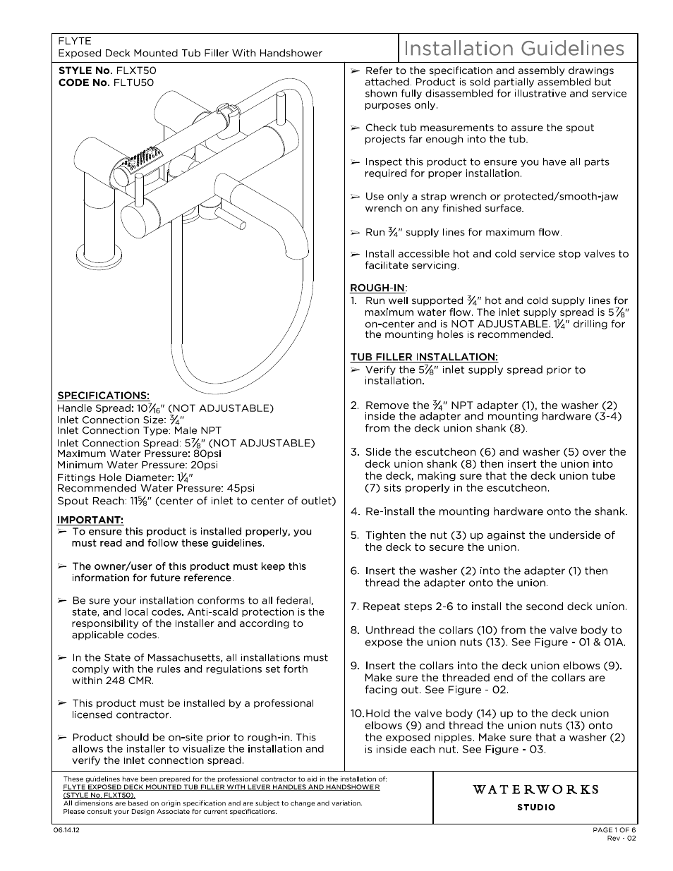 Waterworks Flyte Deck Mounted Exposed Tub Filler with Handshower and Metal Lever Handles User Manual | 15 pages