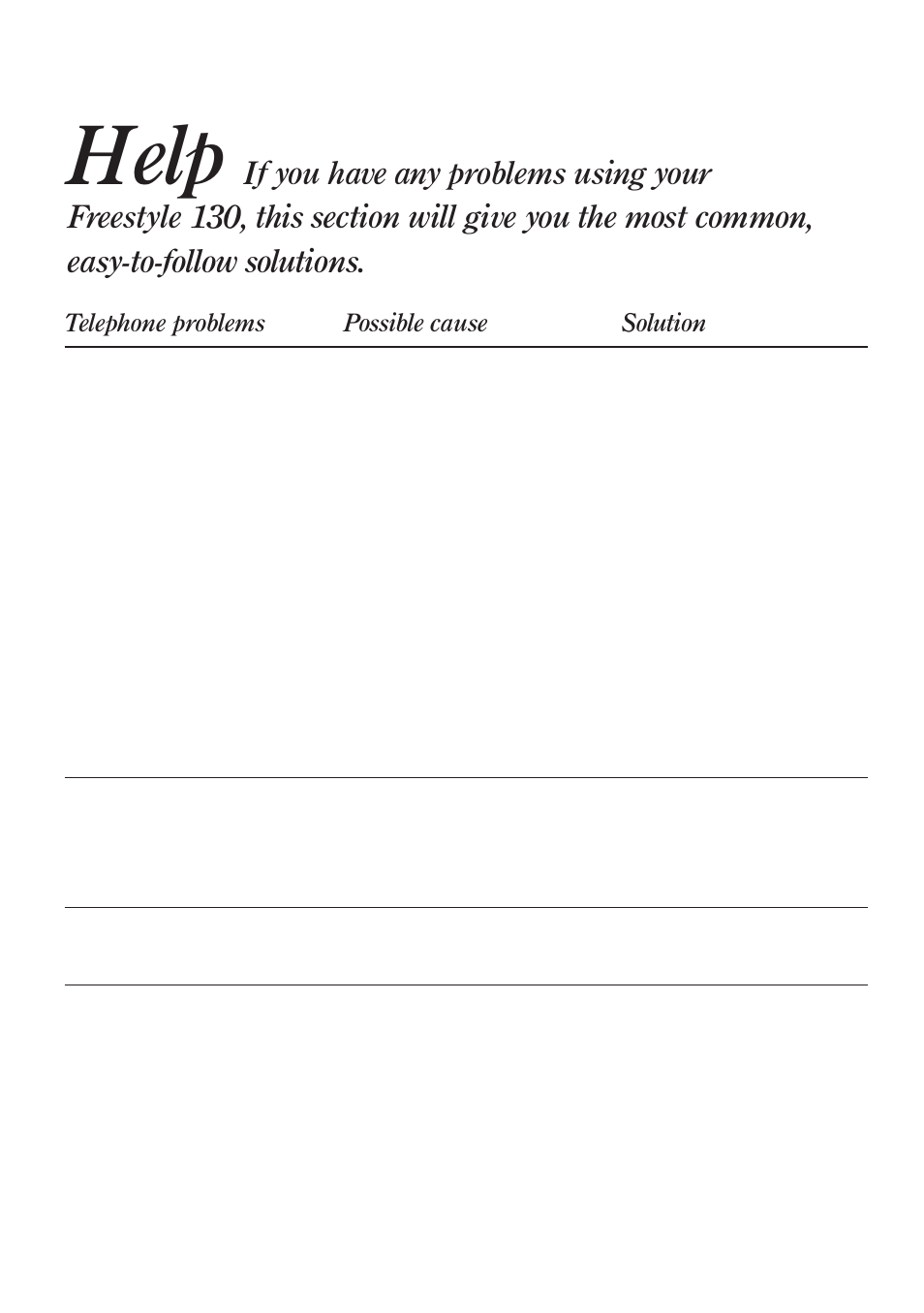 Help, Telephone problems possible cause solution | BT Freestyle 130 User Manual | Page 25 / 38