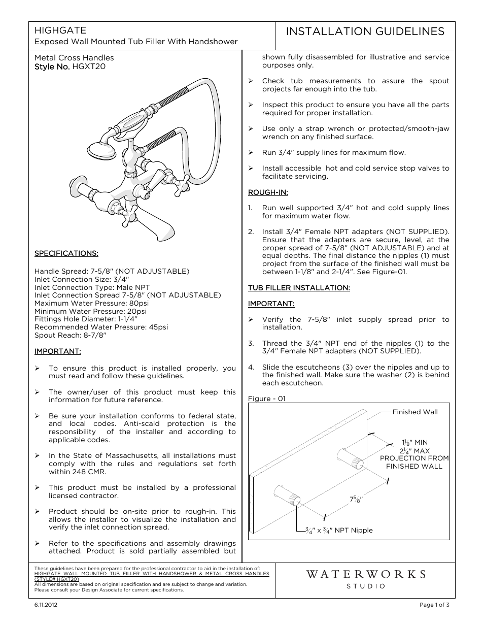 Waterworks Highgate Wall Mounted Exposed Tub Filler with White Porcelain Handshower and Metal Cross Handles User Manual | 11 pages