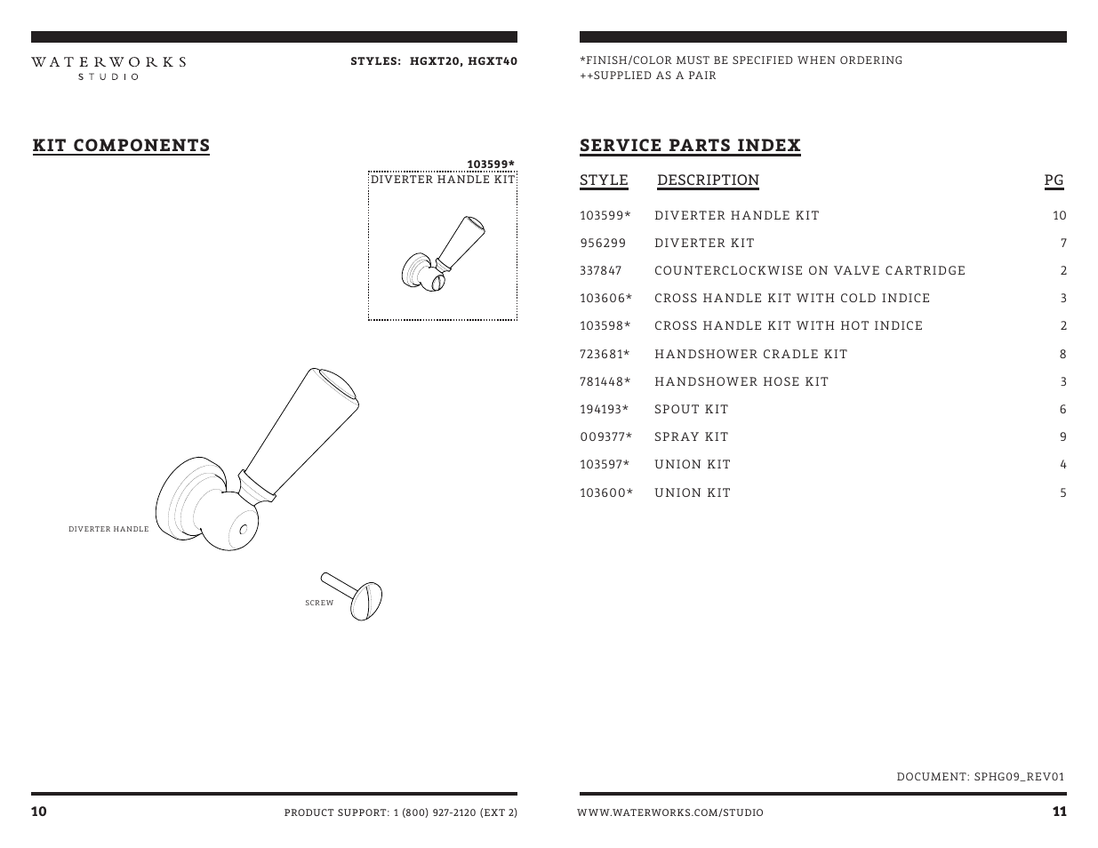 Service parts index, Kit components | Waterworks Highgate Wall Mounted Exposed Tub Filler with White Porcelain Handshower and Metal Cross Handles User Manual | Page 10 / 11