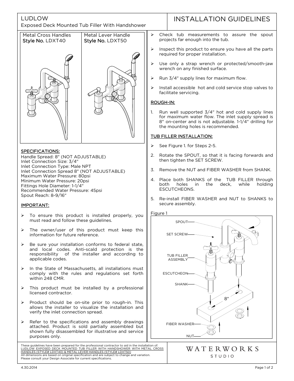 Waterworks Ludlow Deck Mounted Exposed Tub Filler with Handshower and Metal Lever Handles User Manual | 2 pages