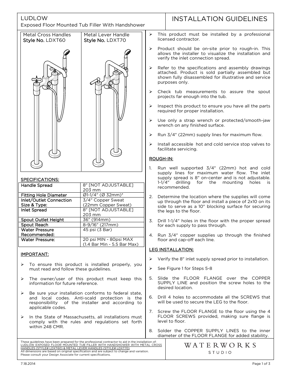 Waterworks Ludlow Floor Mounted Exposed Tub Filler with Handshower and Metal Lever Handles User Manual | 3 pages