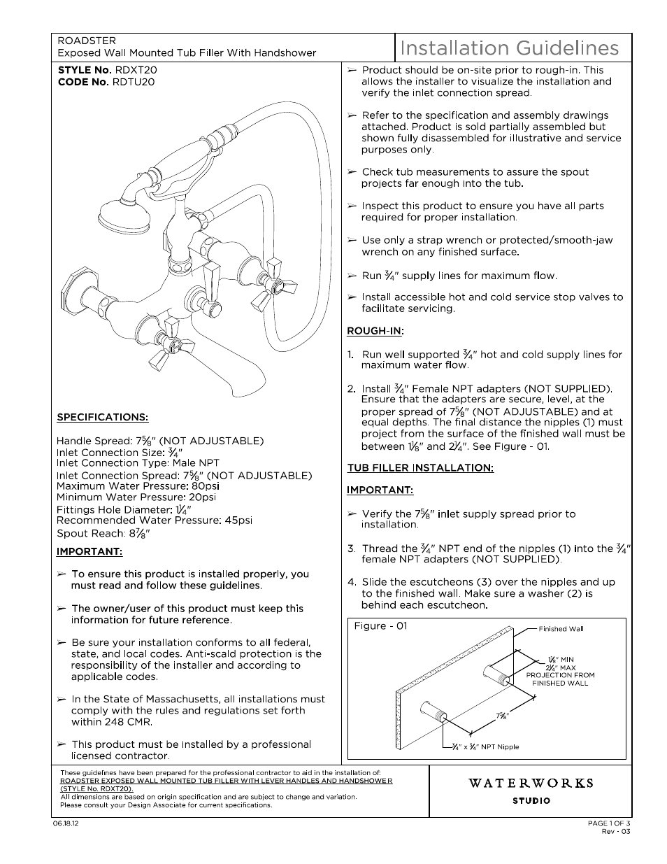 Waterworks Roadster Wall Mounted Exposed Tub Filler with Metal Handshower and Metal Tri-spoke Handles User Manual | 12 pages