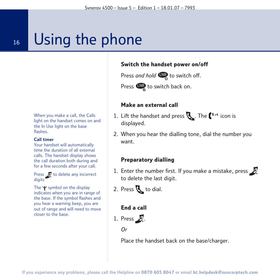 Using the phone | BT SYNERGY 4500 User Manual | Page 16 / 100